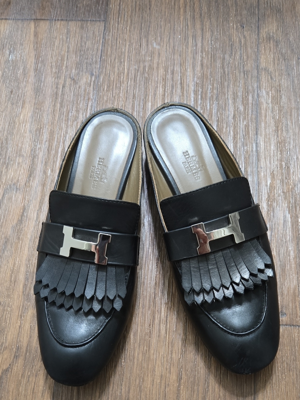 Hermes Black Leather Fringe Kiltie Mules with Silver H Logo - Picture 2 of 7
